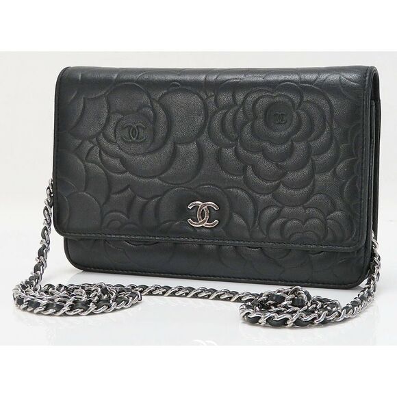 Auth CHANEL Black Camellia Pattern Leather Wallet on Chain Bag WOC 43425 - Picture 1 of 12